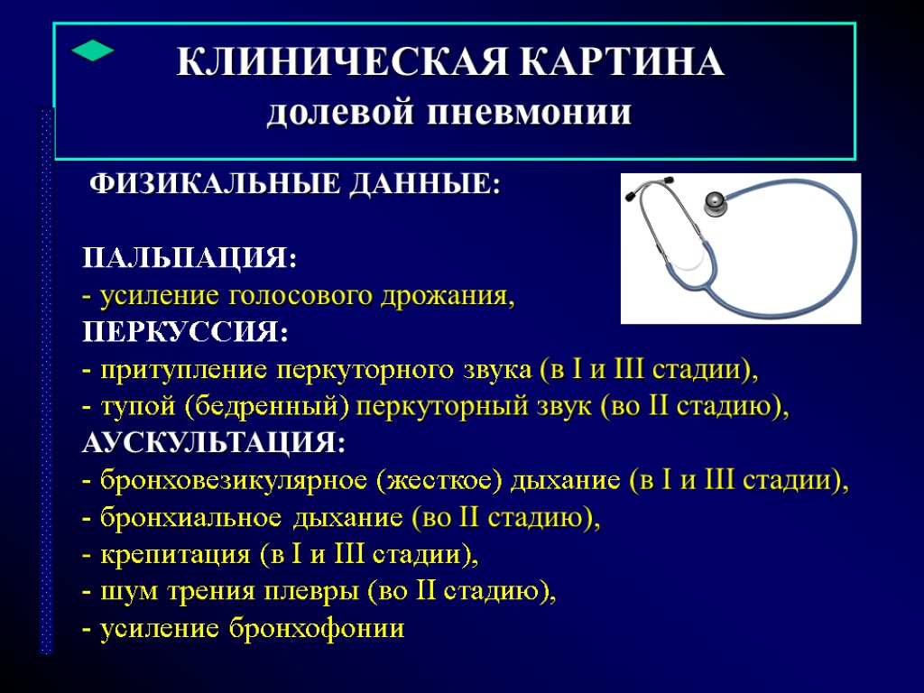 КЛИНИЧЕСКАЯ КАРТИНА долевой пневмонии ФИЗИКАЛЬНЫЕ ДАННЫЕ: ПАЛЬПАЦИЯ: усиление голосового дрожания, ПЕРКУССИЯ: - притупление перкуторного